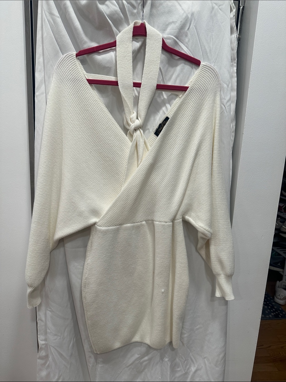 Petal Roz Off-the-Shoulder Cream Wrap Sweater with Neck Tie